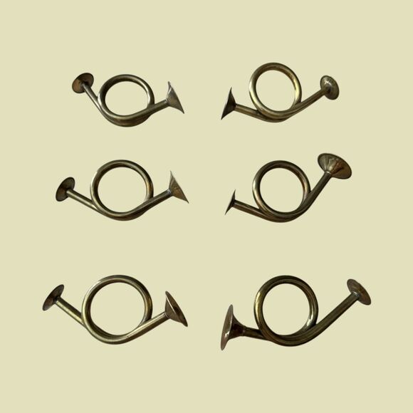 Set 6 Vintage Brass Bugle Horn Napkin Rings Holiday Christmas Table Decor - Picture 1 of 5